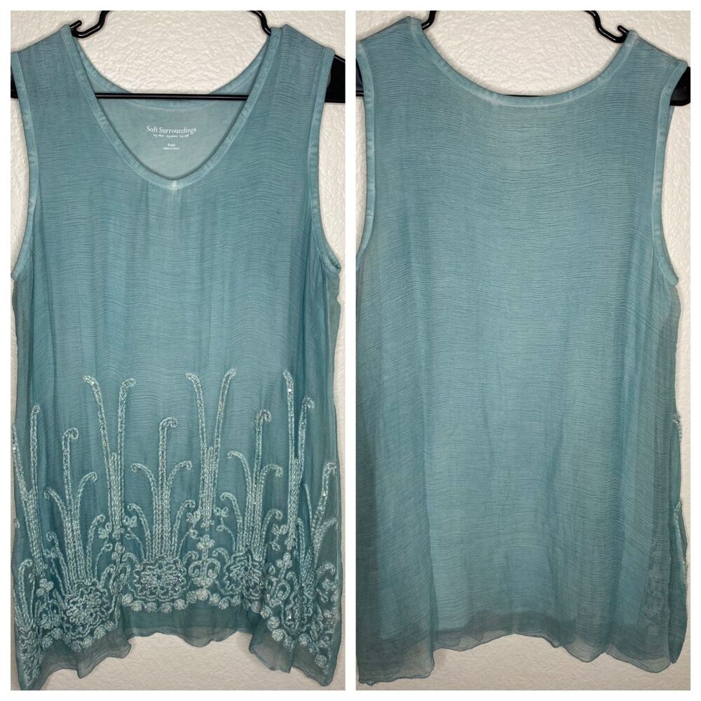 Soft surroundings sleeveless blouse top 100% romantic embroidered floral S